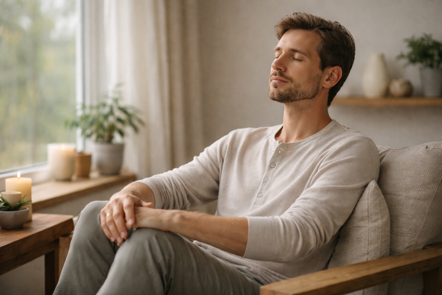 Man practicing mindfulness and self-reflection during a hypnosis session